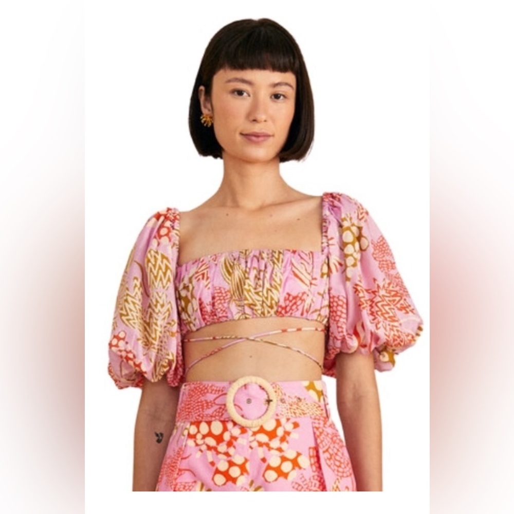 FARM RIO Mixed  Print Puff Balloon Sleeve Tie Waist Balconette Crop Top NWOT